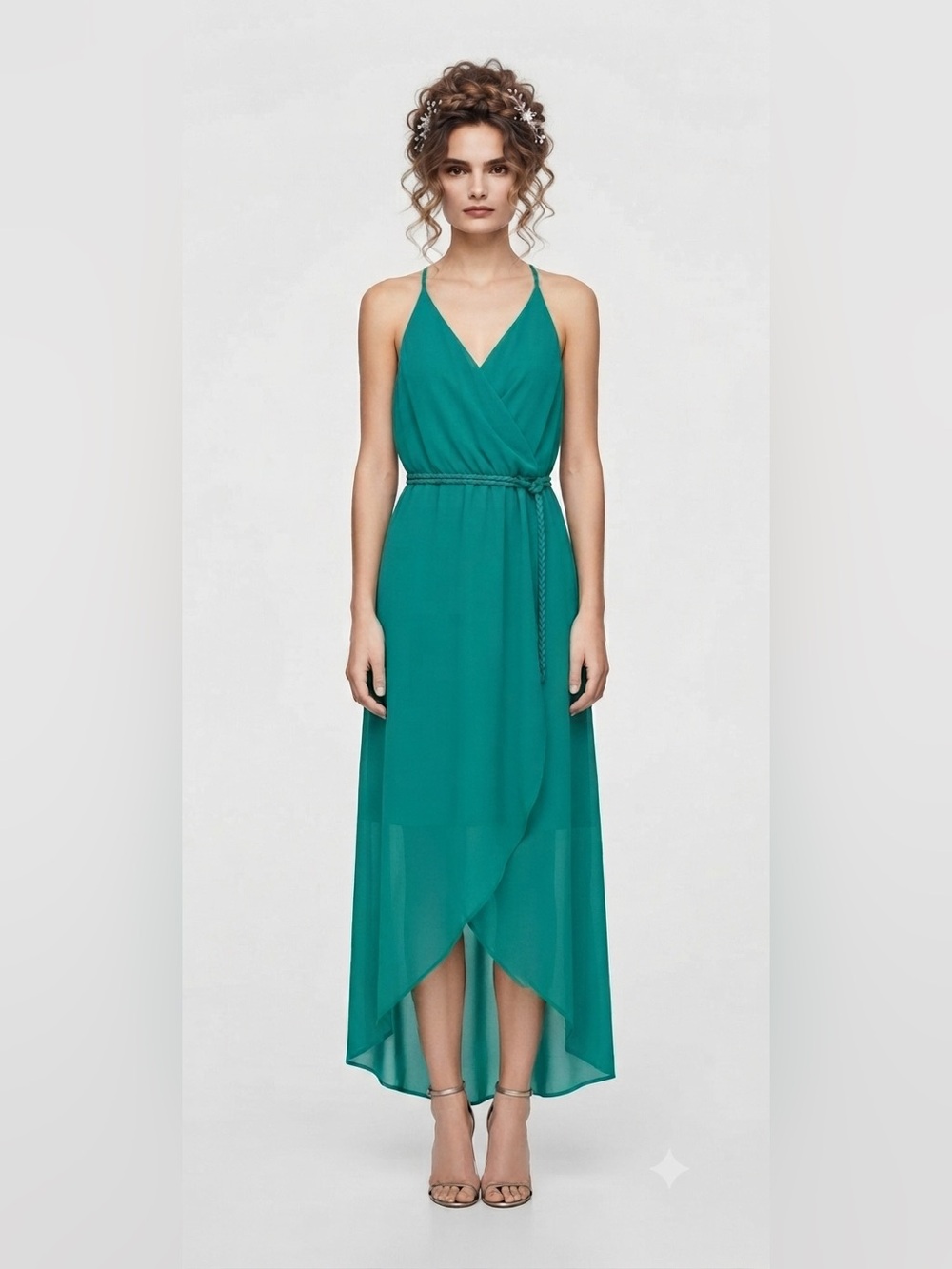 Zara Trafaluc Turquoise Chiffon High-Low Maxi Dress Size XS Belted Empire Waist